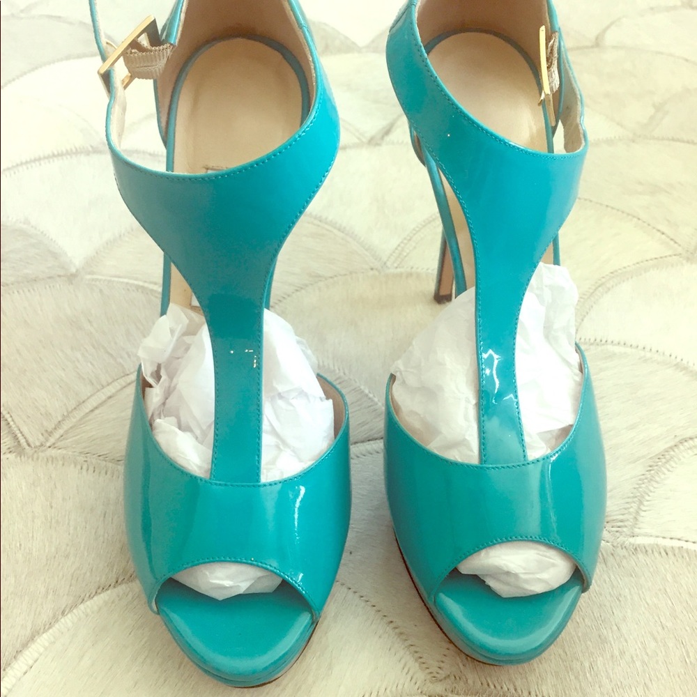 Jimmy Choo Turquoise Patent T-Strap Platform Heels